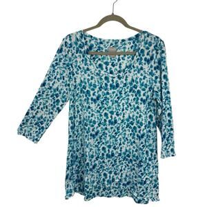 Chicos 1 Teal Blue Watercolor Top Cotton High low Hem Coastal Lagenlook M